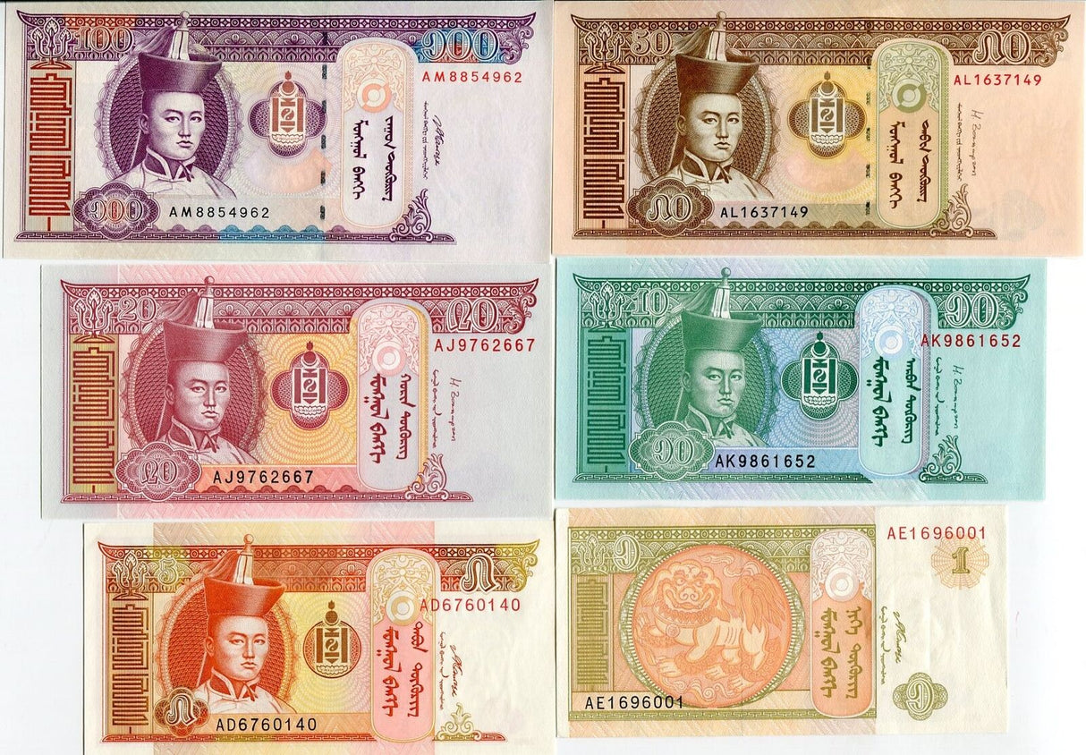 MONGOLIA SET 6 PCS 1 5 10 20 50 100 TUKRIK RANDOM YEAR P 61A 61b 62 63 64 UNC