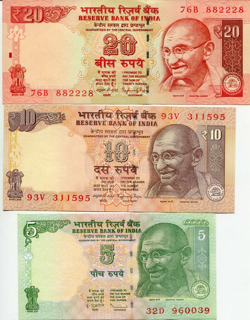 India Set 3 Pcs 5 10 20 Rupees Random Year P 102 103 NEW UNC