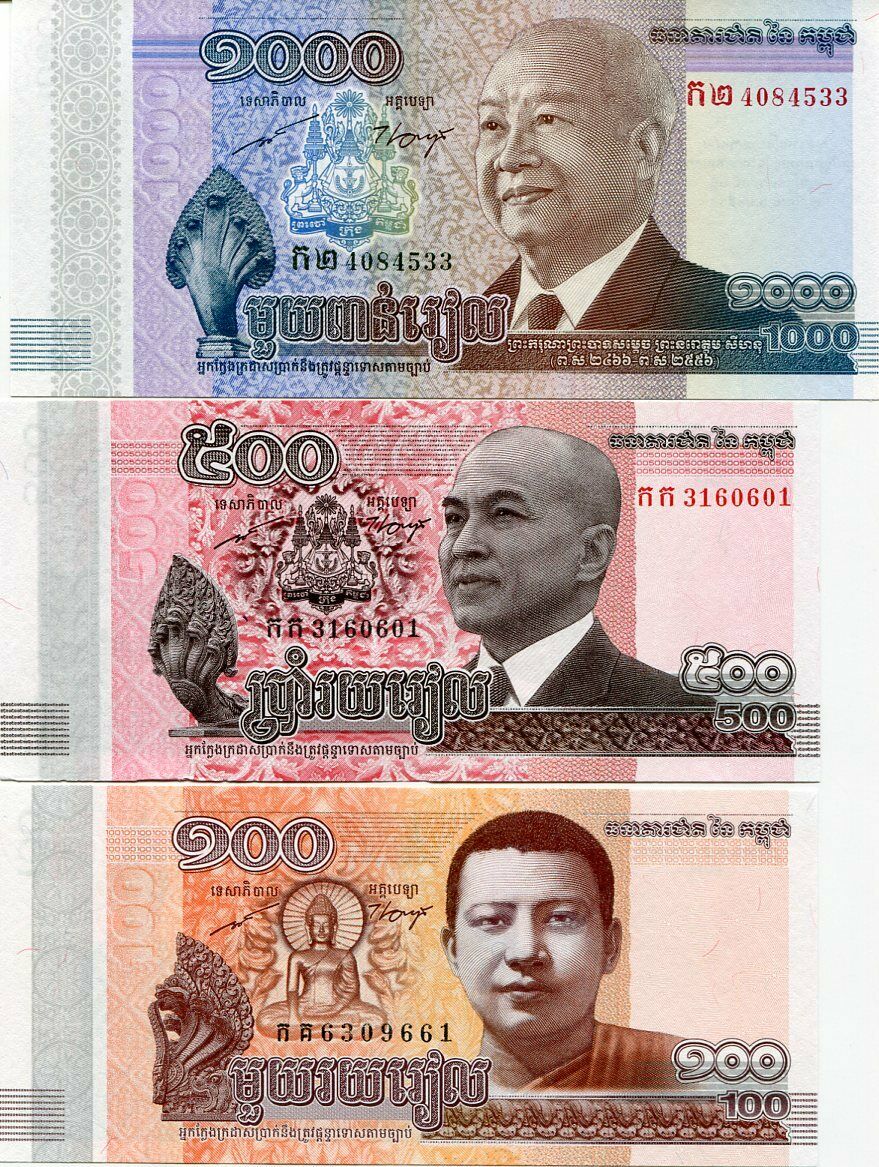 Cambodia Set 3 Pcs 100 500 1000 Riels 2013-2015 P 63 65 66 UNC