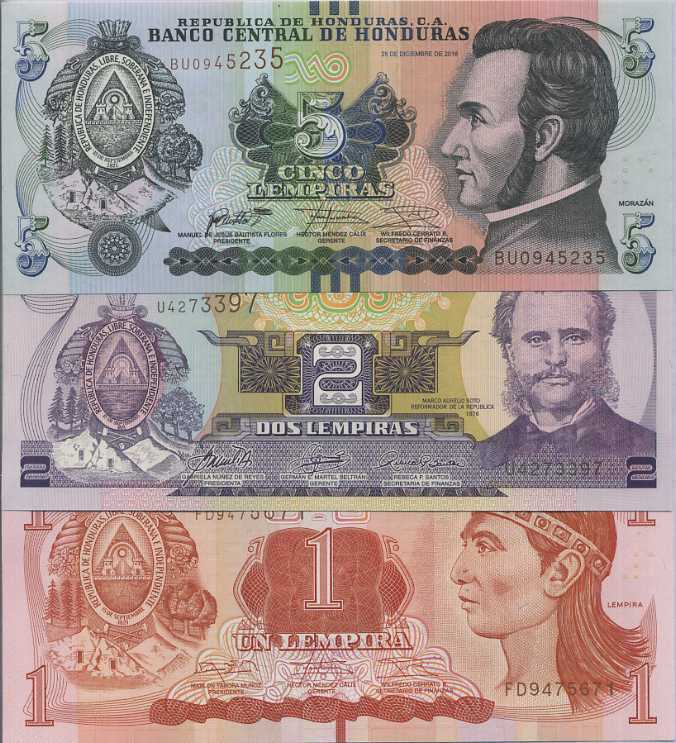 HONDURAS SET 3 PCS 1 2 5 LEMPIRAS RANDOM DATE P 80 96 98 UNC