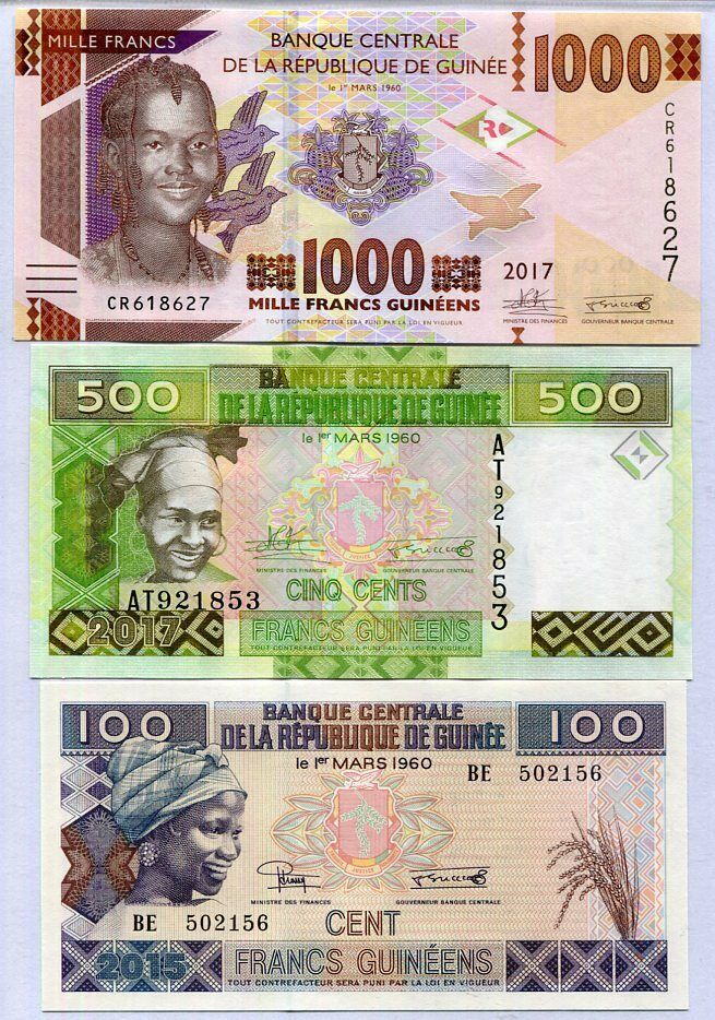 GUINEA SET 3 PCS 100 500 1000 FRANCS Random Years P A47 47 48 UNC