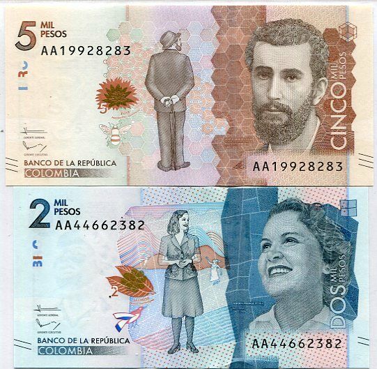 Colombia Set 2 Pcs 2000 5000 PESOS Random Date P 458 459 UNC