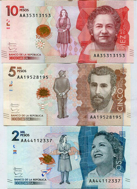 Colombia Set 3 Pcs 2000 5000 10000 Pesos P 458 459 460 UNC Random Date & Sign