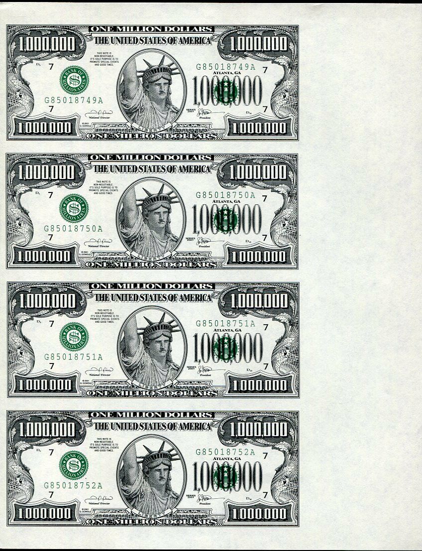 UNITED STATES USA 1 MILLION FANTASY UNCUT STATUE LIBERTY SHEET 4 PCS