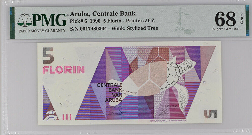 Aruba 5 Florins 1990 P 6 Superb Gem UNC PMG 68 EPQ High
