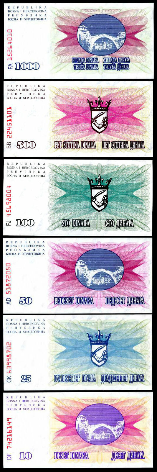 BOSNIA SET 6 PCS 10 25 50 100 500 1000 DINARA 1992 P 10 11 12 13 14 15 UNC