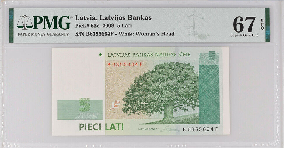 Latvia 5 Lati 2009 P 53 c Superb Gem UNC PMG 67 EPQ