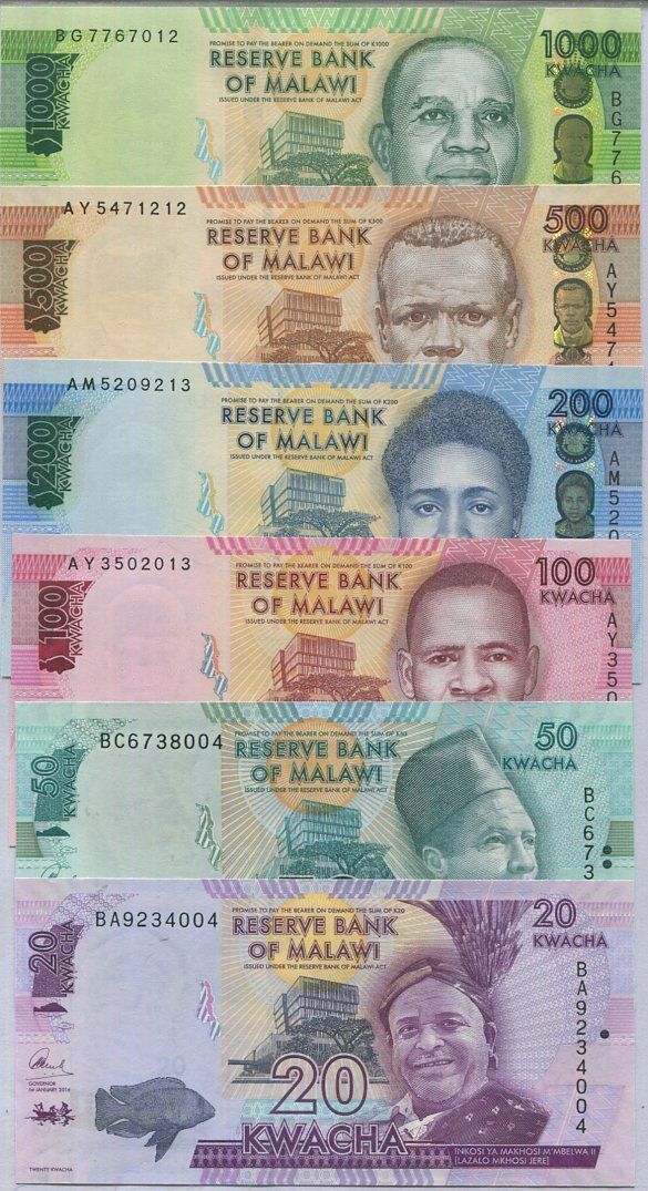 Malawi Set 6 Pcs 20 50 100 200 500 1000 Kwacha Random Date P 60 63 64 65 66 UNC