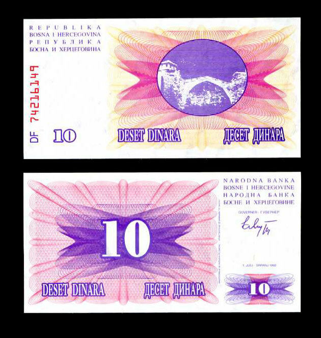 BOSNIA 10 DINARA 1992 P 10 UNC