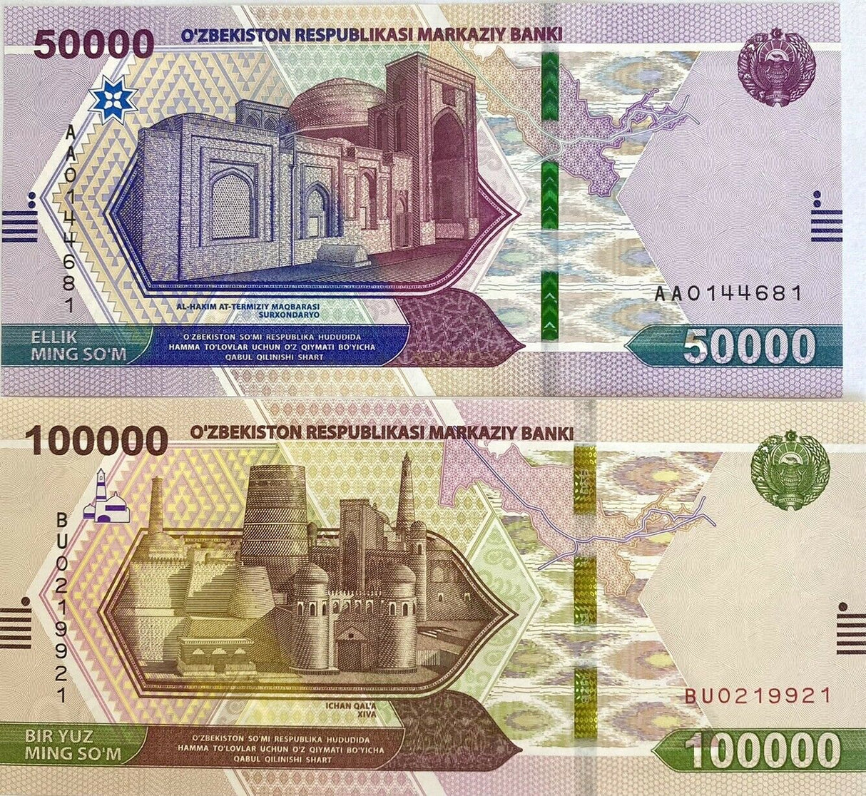 Uzbekistan Set 2 Pcs 50000 100000 Som 2021 P New UNC