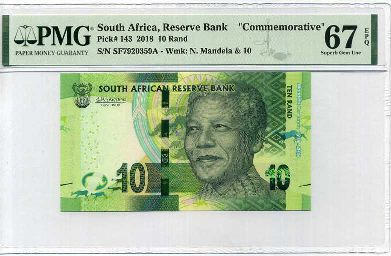 SOUTH AFRICA 10 RAND ND 2018 P 143 SUPERB GEM UNC PMG 67 EPQ