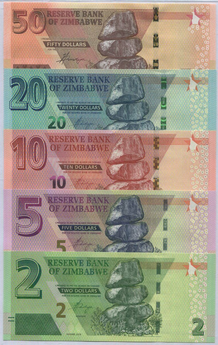 Zimbabwe Set 5 Pcs 2 5 10 20 50 Dollars 2019 2020 2021 P 101 102 103 104 105 UNC