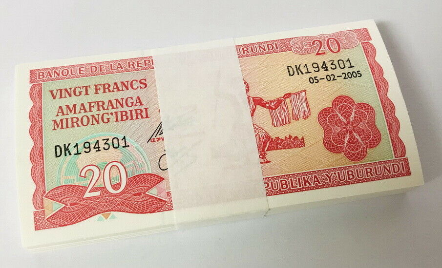 Burundi 20 Francs 2005 P 27 UNC Lot 25 Pcs 1/4 Bundle