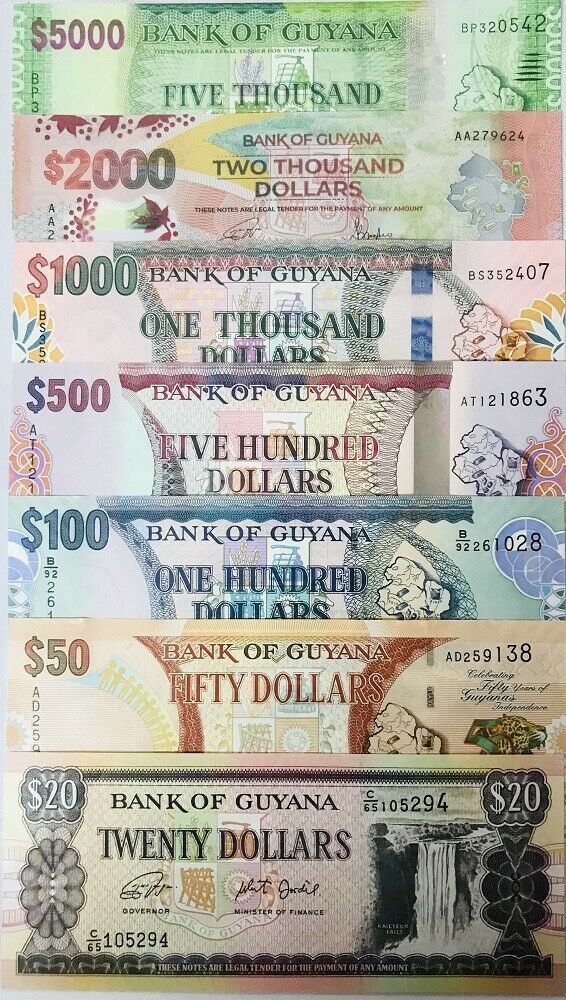 Guyana Set 7 Pcs 20 50 100 500 1000 2000 5000 Dollars 1996-2022 UNC