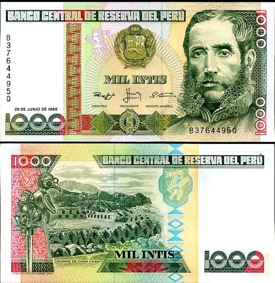 PERU 1000 1,000 INTIS 1988 P 136 UNC