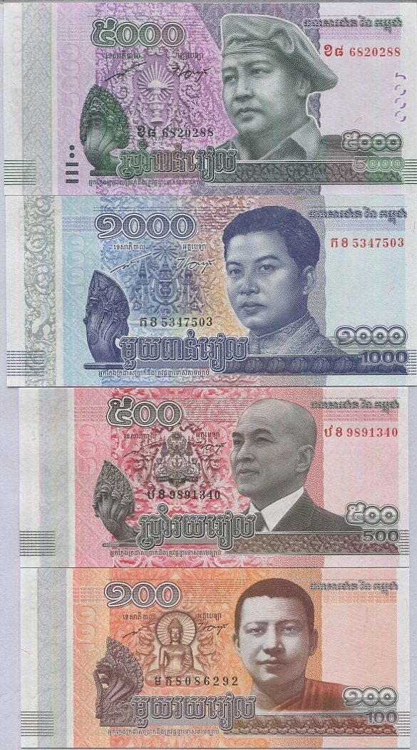 Cambodia Set 4 Pcs 100 500 1000 5000 Riels 2014-2016 P 65 66 67 68 UNC