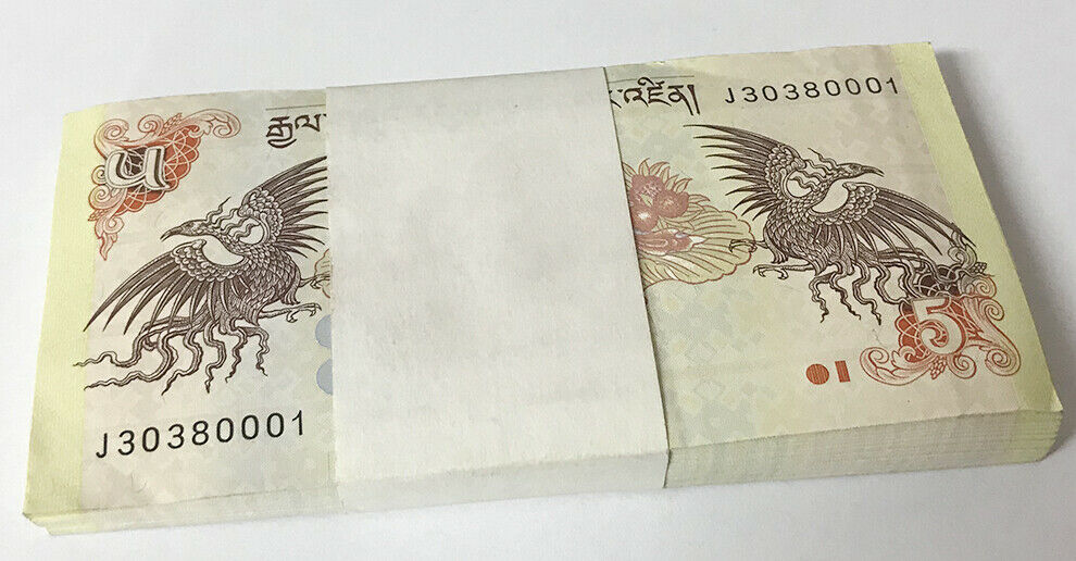 Bhutan 5 Ngultrum 2015 P 28 c UNC LOT 100 PCS 1 BUNDLE