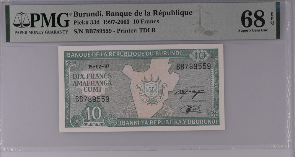 Burundi 10 Francs 1997 P 33 d Superb Gem UNC PMG 68 EPQ Top Pop