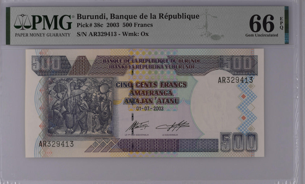 Burundi 500 Francs 2003 P 38 c Gem UNC PMG 66 EPQ
