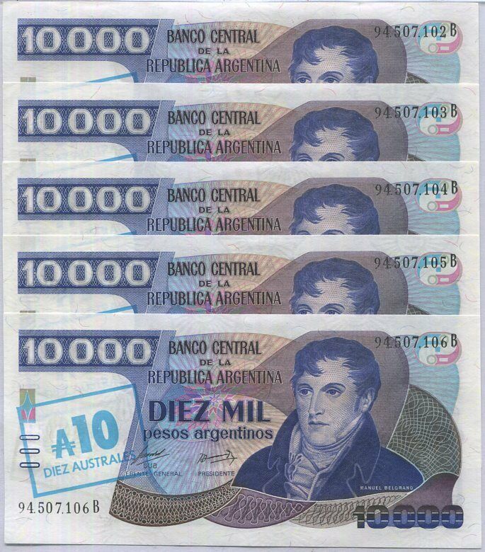 Argentina 10 Australes On 10000 Pesos ND 1985 P 322 c UNC Lot 5 PCS
