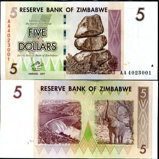 Zimbabwe 5 Dollars 2007 P 66 UNC