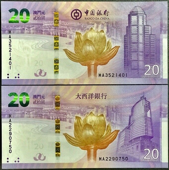 Macau Set 2 Pcs 20 Patacas 20th Return to China Comm. BNU & BOC 2019 UNC
