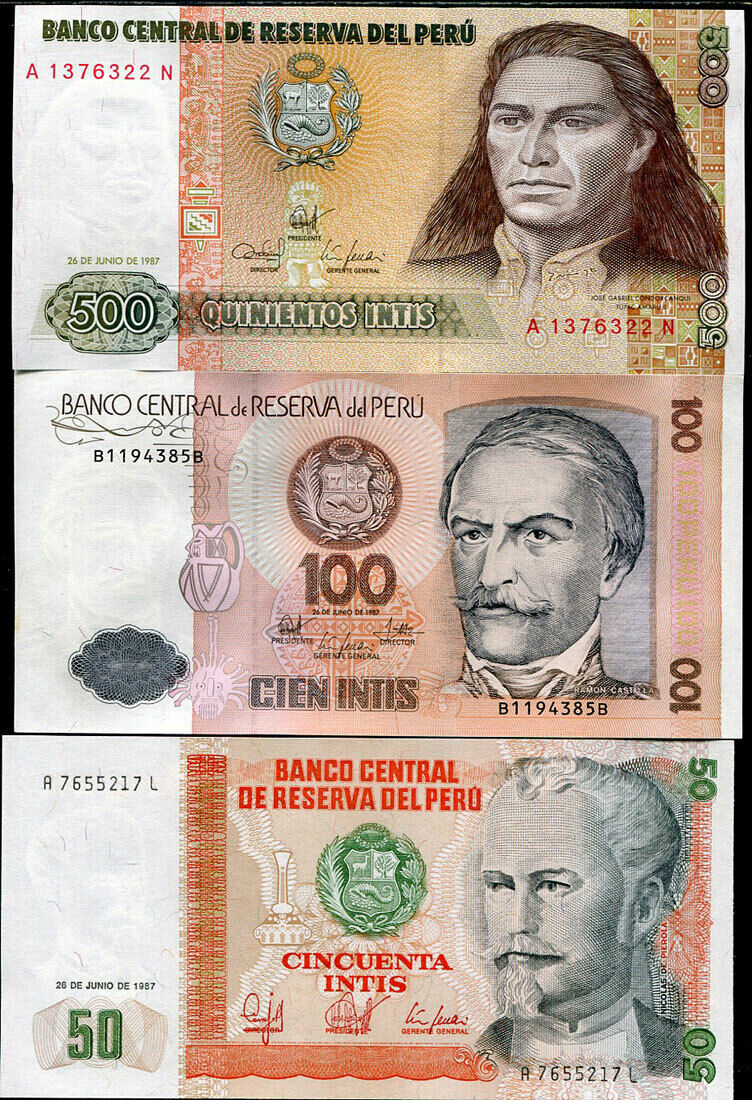 Peru Set 3 PCS 50 100 500 INTIS 1987 P 131 133 134 UNC