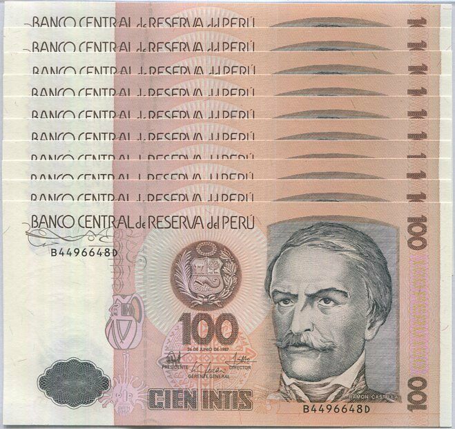 Peru 100 Intis 1987 P 133 UNC LOT 10 PCS 1/10 BUNDLE