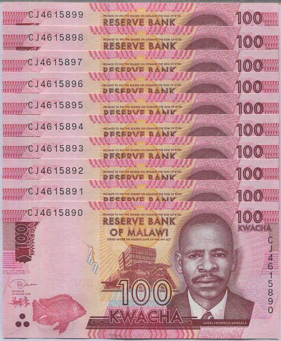 Malawi 100 Kwacha 2020 P 65 UNC LOT 10 PCS