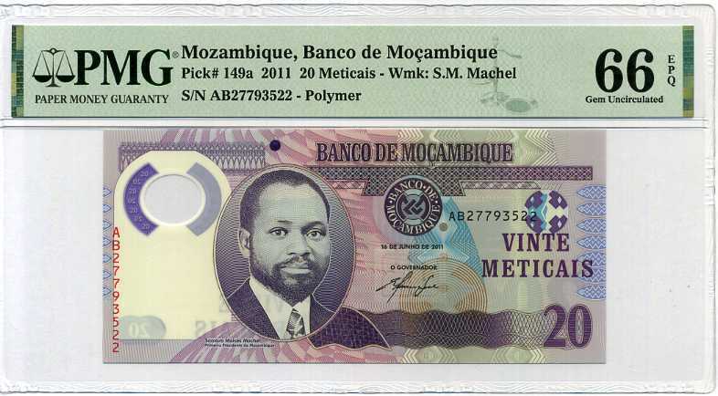 MOZAMBIQUE 20 METICAIS ND 2011 P 149 GEM UNC PMG 66 EPQ NEW LABEL