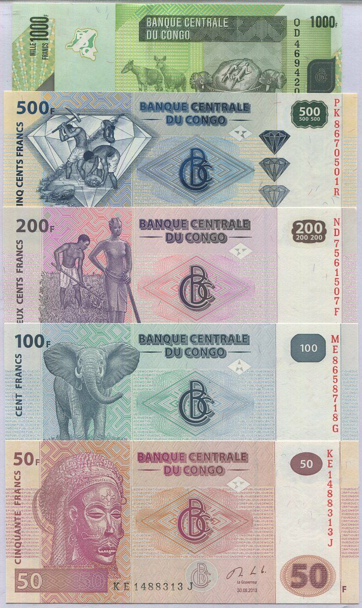 CONGO SET 5 PCS 50 100 200 500 1000 FRANCS Random P 96 97 98 99 101 UNC