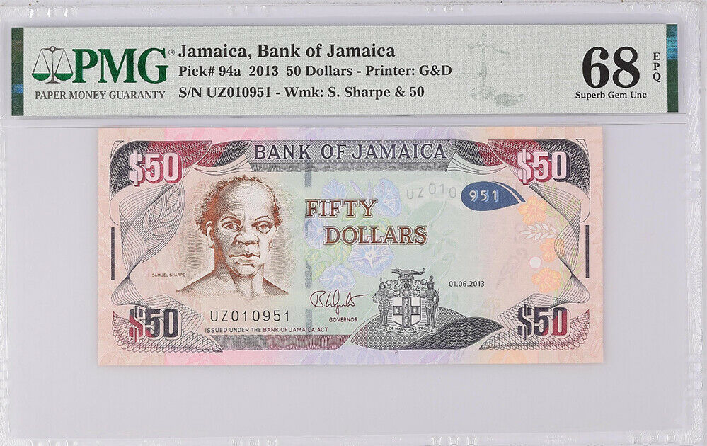 Jamaica 50 Dollars 2013 P 94 a Superb Gem UNC PMG 68 EPQ Top Pop