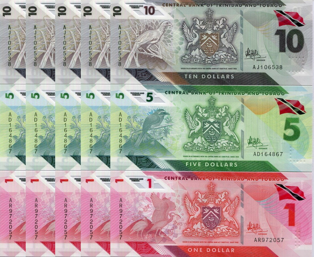 Trinidad & Tobago Set 3 UNC 1 5 10 Dol 2020 Polymer P 60 61 62 LOT 5 SETS 15 Pcs