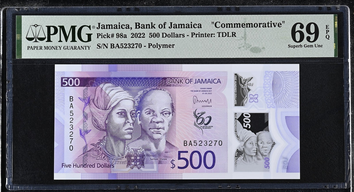 Jamaica 500 Dollars 2022 P 98 a Commemorative Superb Gem UNC PMG 69 EPQ