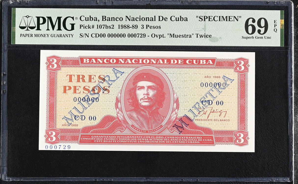Central America 3 Pesos 1988 P 107bs2 Specimen CHE Guevara Superb Gem UNC PMG 69 EPQ TOP POP
