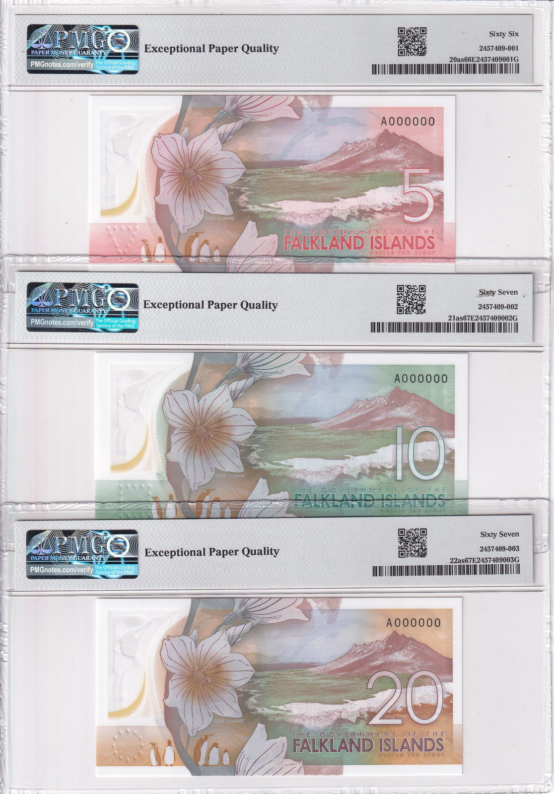 Falkland set 3 UNC 5 10 20 Pounds 2025 P 21 22 23 SPECIMEN GEM UNC PMG 66 67 EPQ