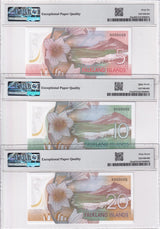 Falkland set 3 UNC 5 10 20 Pounds 2025 P 21 22 23 SPECIMEN GEM UNC PMG 66 67 EPQ