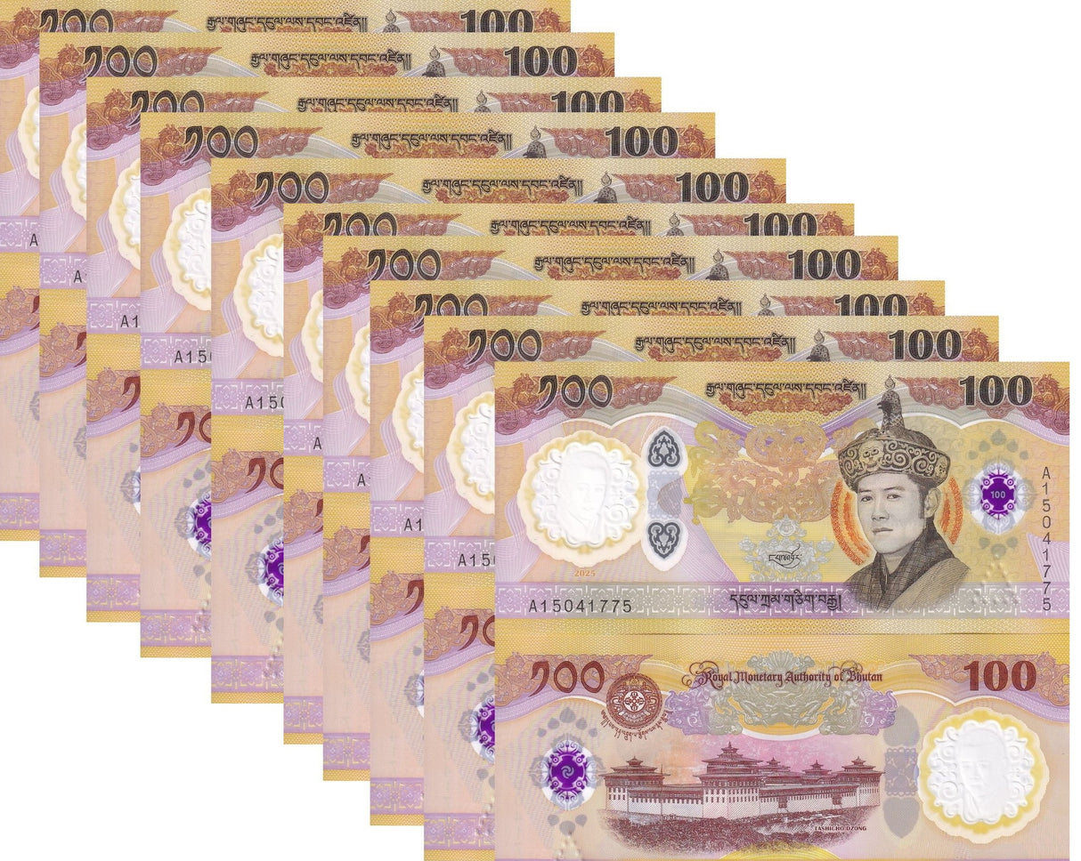 Bhutan 100 Ngultrum 2025 / 2026 70th Commemorative P new Polymer LOT 10 UNC