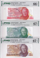Falkland set 3 UNC 5 10 20 Pounds 2025 P 21 22 23 SPECIMEN GEM UNC PMG 66 67 EPQ