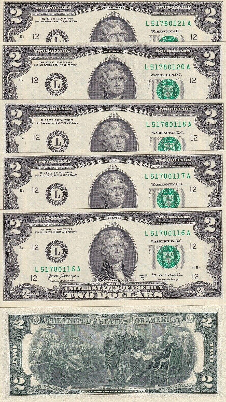 United States 2 Dollars USA 2017A P 545 San Francisco Ca "L" UNC LOT 5 PCS
