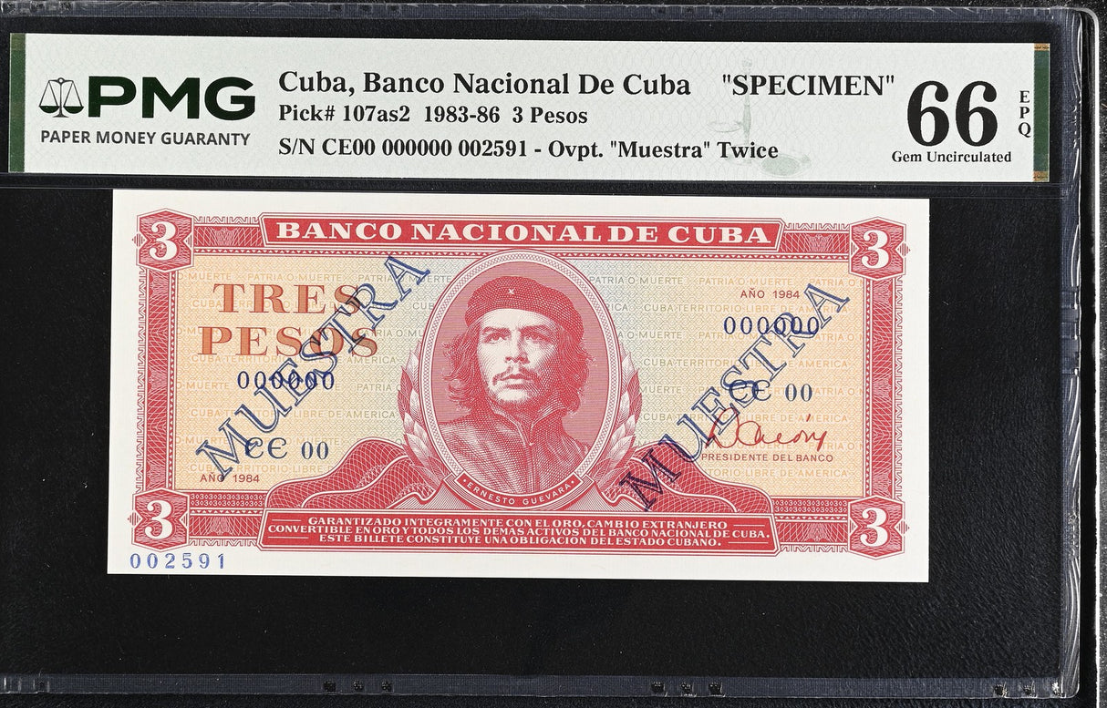 Central America 3 Pesos 1984 P 107s2 Specimen CHE Guevara GEM UNC PMG 66 EPQ