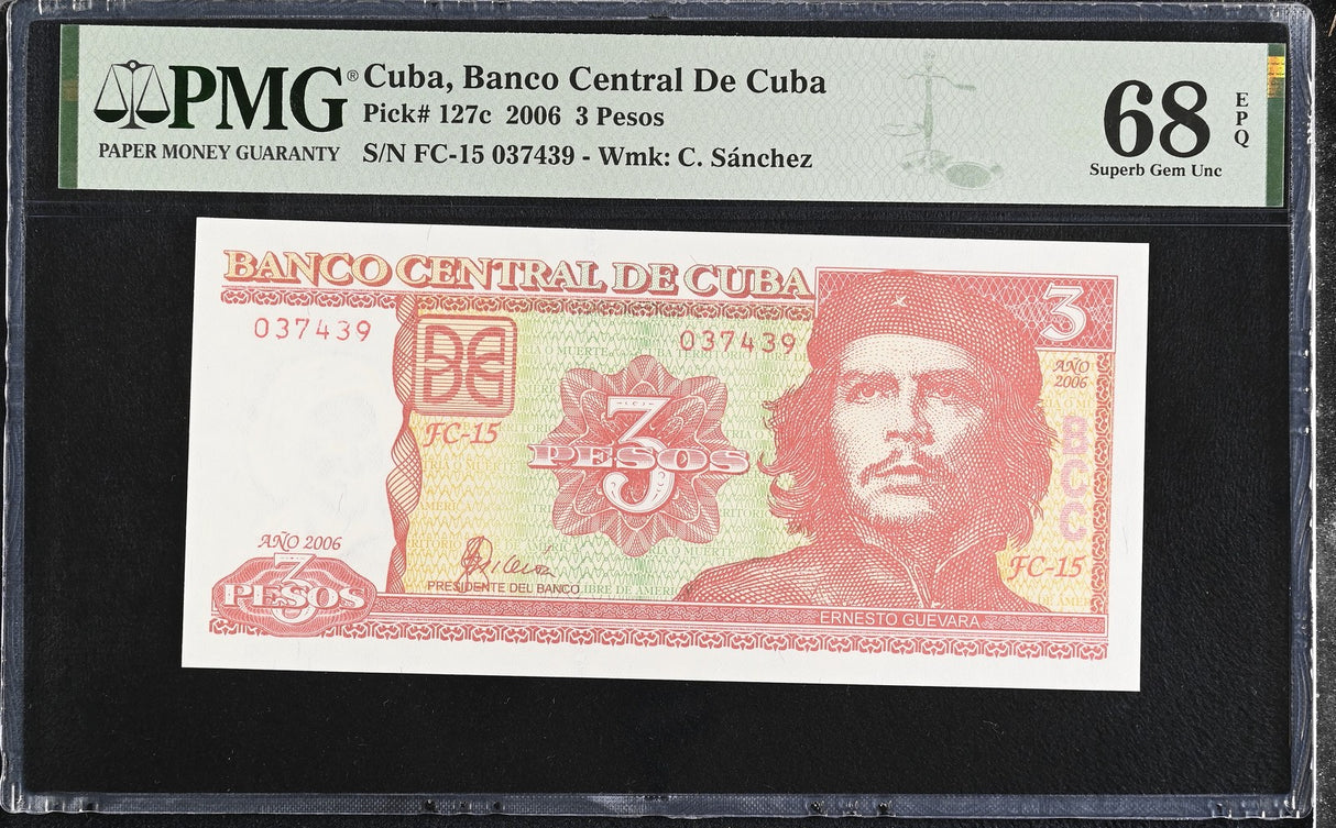 Central America 3 Pesos 2006 P 127 c CHE Guevara Superb GEM PMG 68 EPQ
