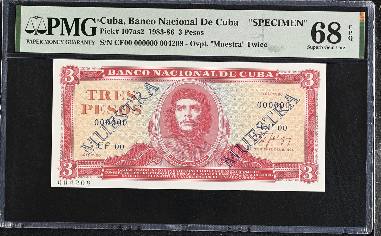 Central America 3 Pesos 1986 P 107s2 Specimen CHE Guevara Superb GEM UNC PMG 68 EPQ