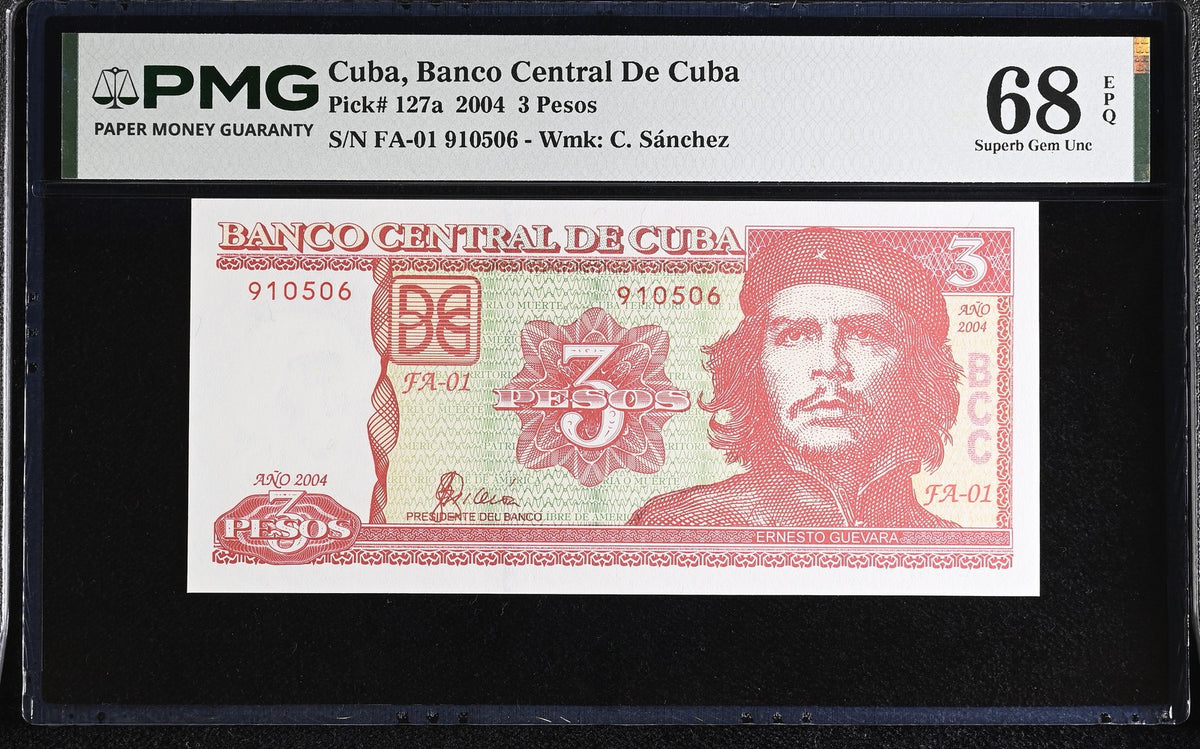Central America 3 Pesos 2004 P 127 a First Prefix FA-01 CHE Guevara Superb Gem PMG 68 EPQ TOP POP