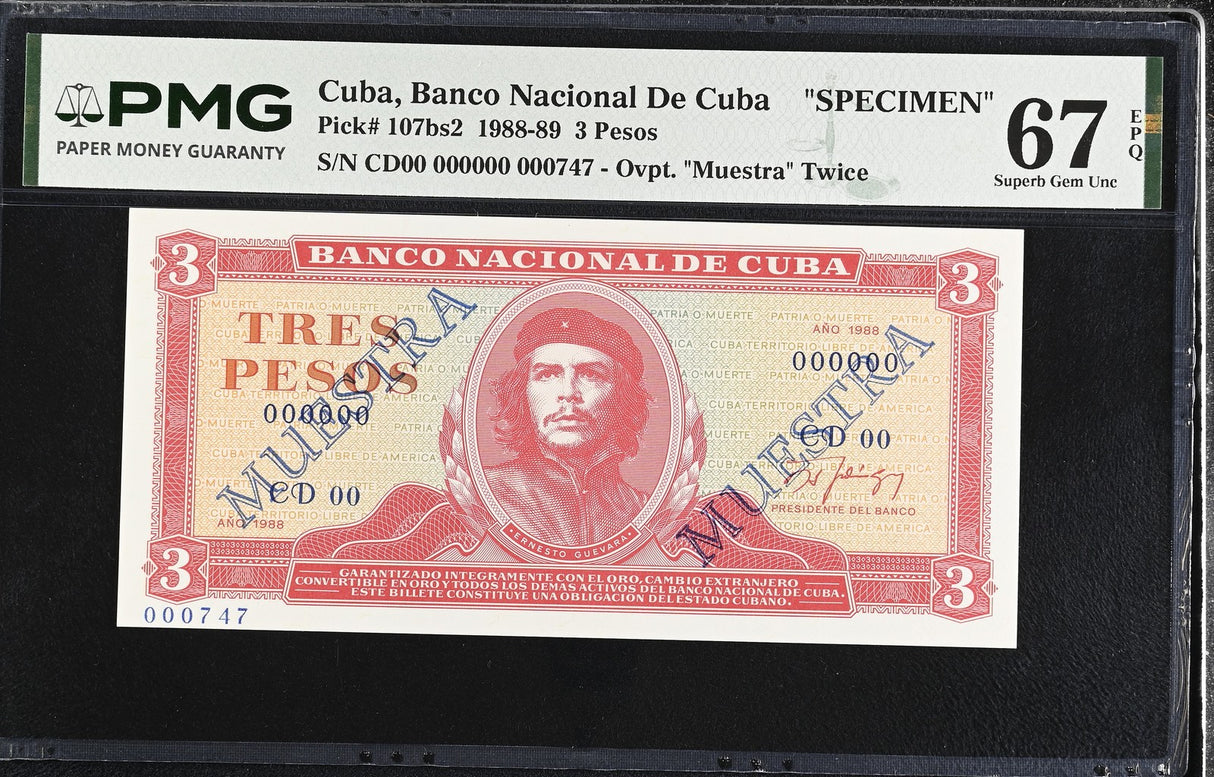 Central America 3 Pesos 1988 P 107bs2 Specimen CHE Guevara Superb Gem UNC PMG 67 EPQ