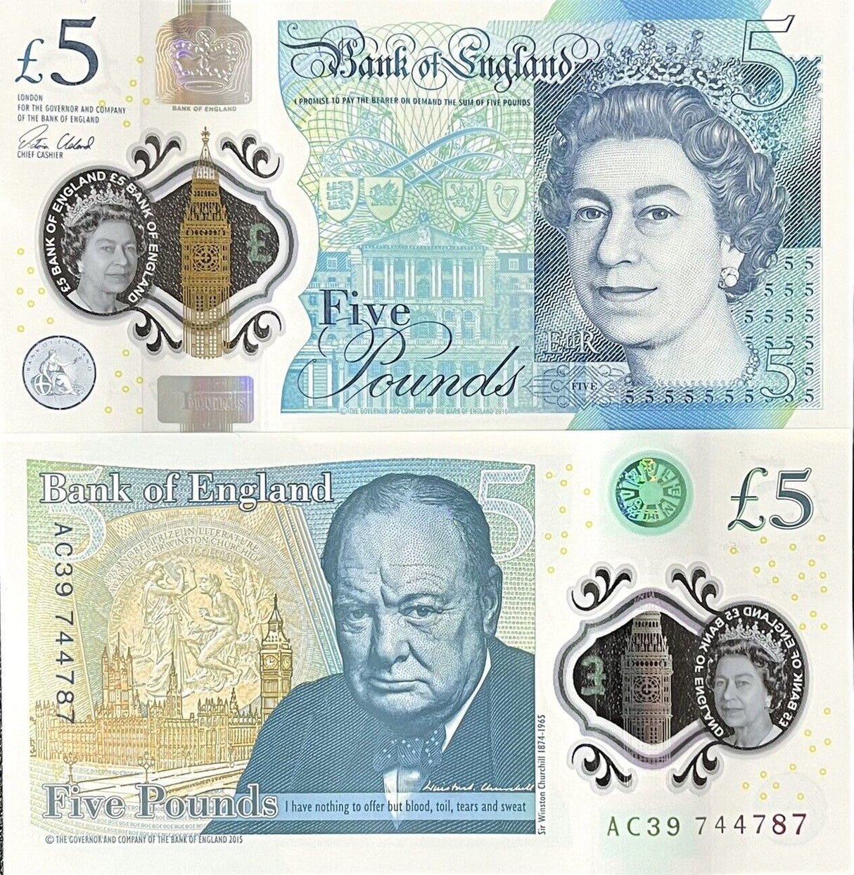 Great Britain 5 Pounds 2015 England QE II Polymer P 394 UNC