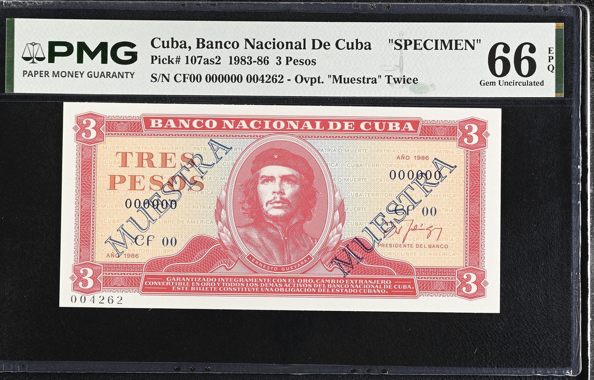 Central America 3 Pesos 1986 P 107s2 Specimen CHE Guevara GEM UNC PMG 66 EPQ