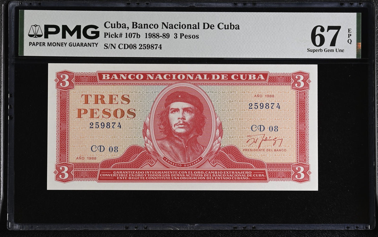 Central America 3 Pesos 1988 P 107 b CHE Guevara Superb Gem UNC PMG 67 EPQ