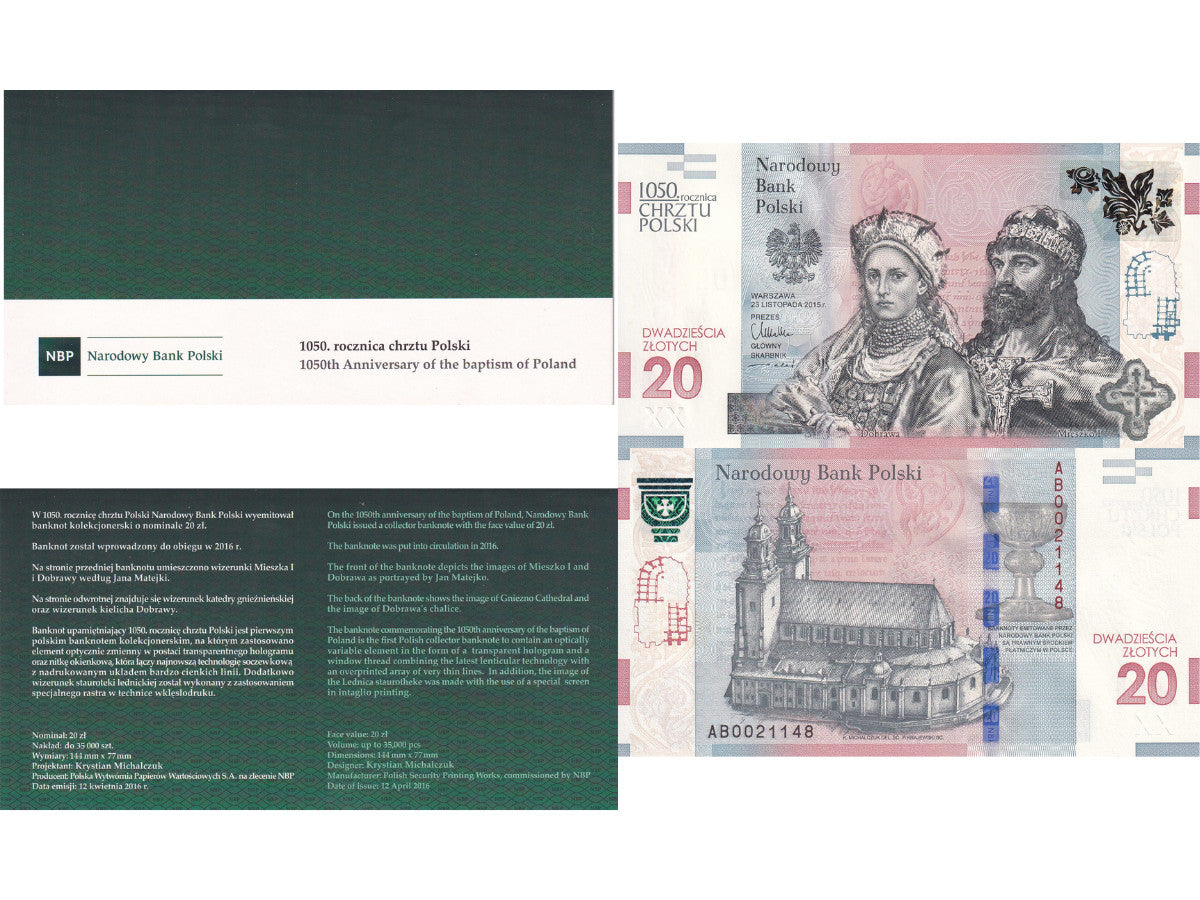 Poland 20 zlotych 2015 P 188A Commemorative 1050th Anniversary UNC W/FOLDER