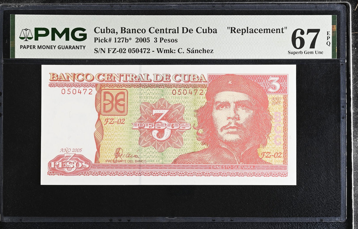 Central America 3 Pesos 2005 P 127 b* Replacement CHE Guevara FZ Superb Gem PMG 67 EPQ